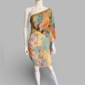 Y2K Ananya Boho Floral Sequin Silk One Shoulder Embellished Dress Size L